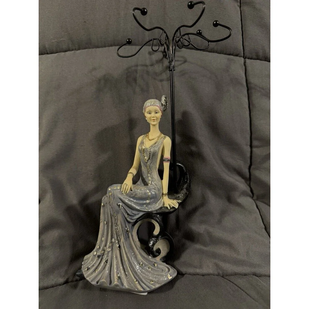 Art Deco Seated Lady Figurine Gray Dress on Black Metal Jewelry Stand Holder